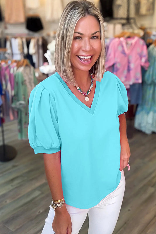 Solid Color V Neck Short Puff Sleeve Blouse