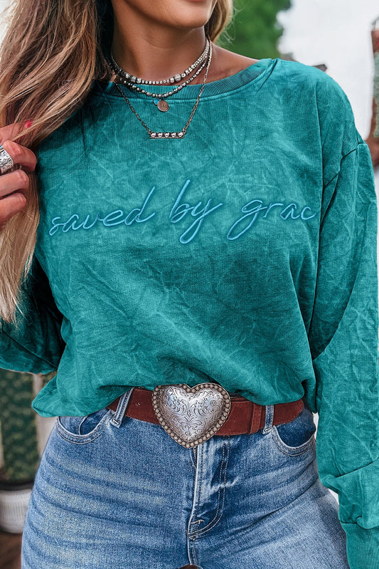 Saved by grace Letter Embroidery Mineral Wash Loose Sweatshirt