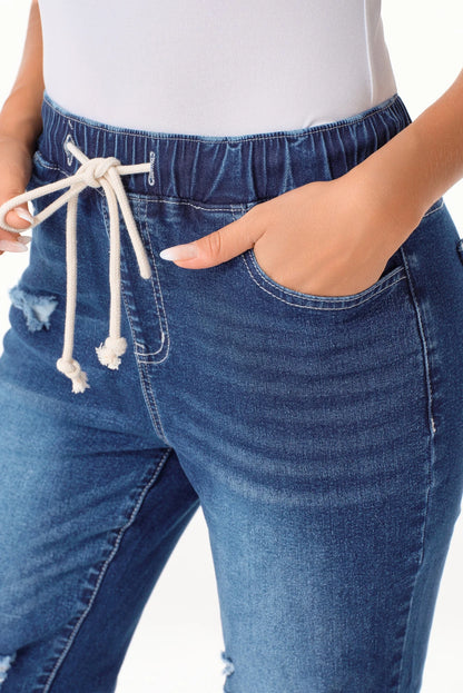 Dark Blue Elastic Waist Straight Leg Destroyed Raw Hem Jeans