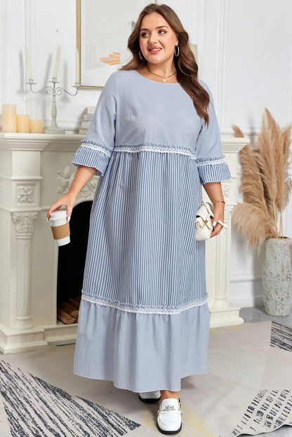 Sky Blue Stripe Crisscross Lace Detail Mixed Striped Patchwork Plus Size Shift Long Dress