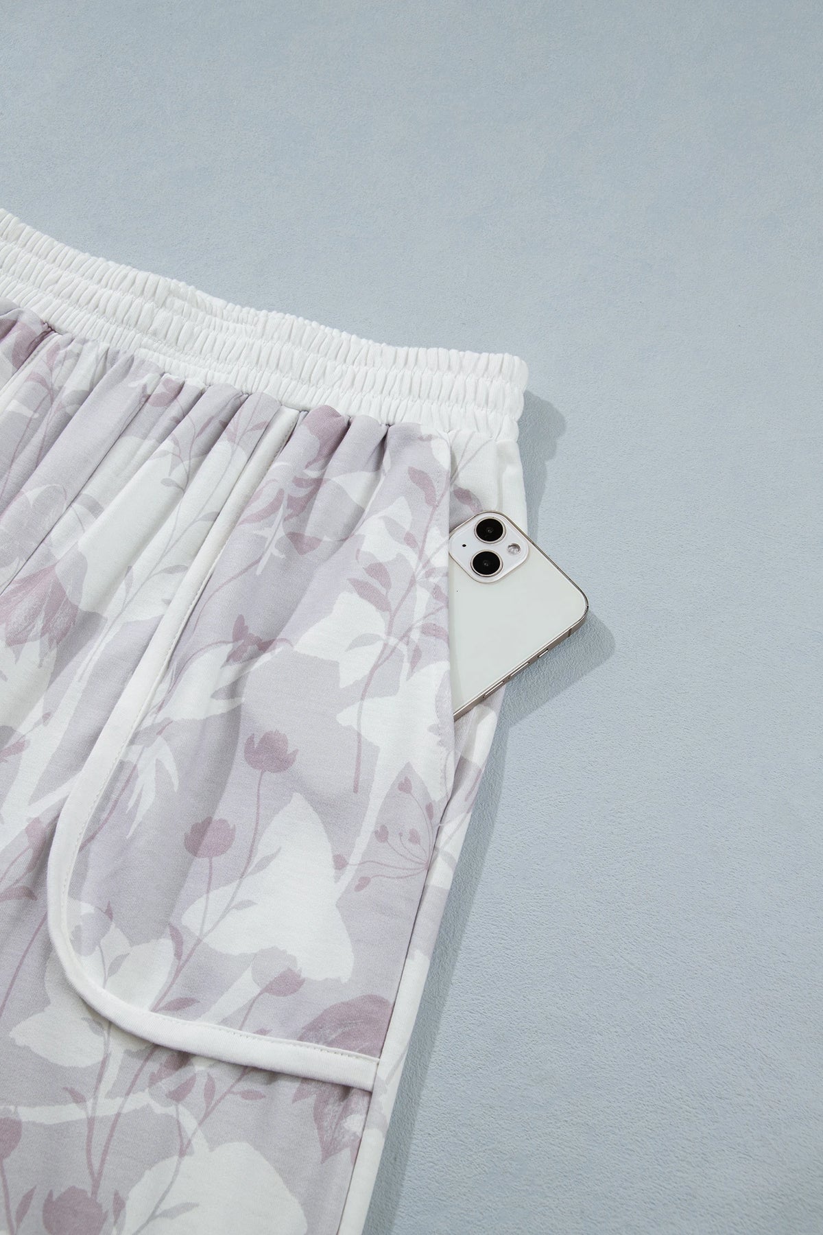 Gray Floral Print Wide Leg Ankle-Length Elastic Waistband Pants
