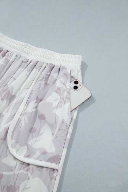Gray Floral Print Wide Leg Ankle-Length Elastic Waistband Pants