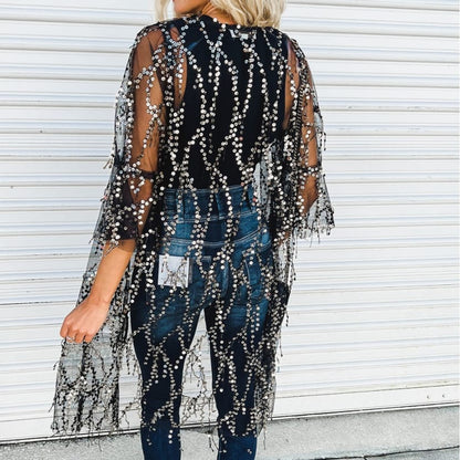 Sequin Sheer Long Sleeve Open Front Kimono