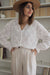 White Fanshaped Lace Hollow out Split Neck Puff Sleeve Blouse