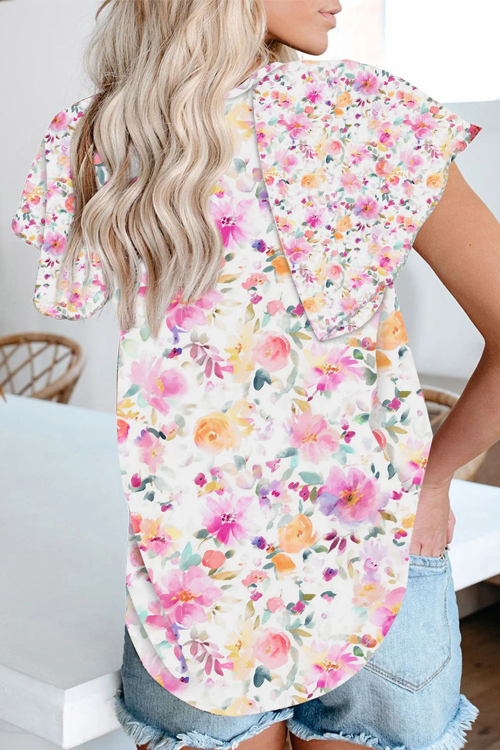 Pink V-neck Short Sleeve Fashion Print Fantasy Fluttering Blouse