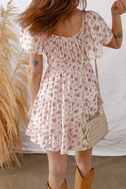 Pink Front Tie Shirred Waist Short Sleeve Ruffled Floral Mini Dress