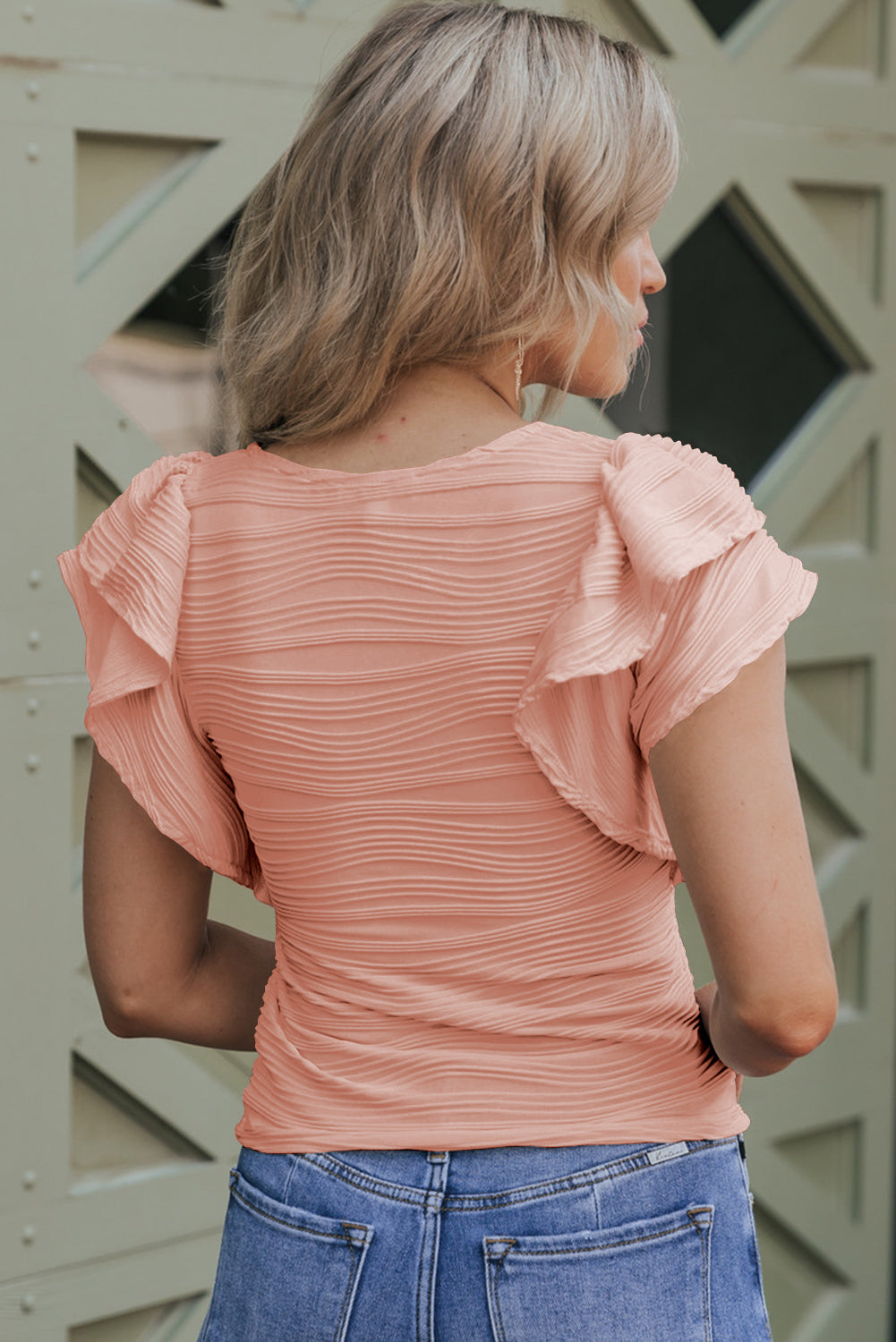 Pink Wavy Textured Ruffle Sleeve Top