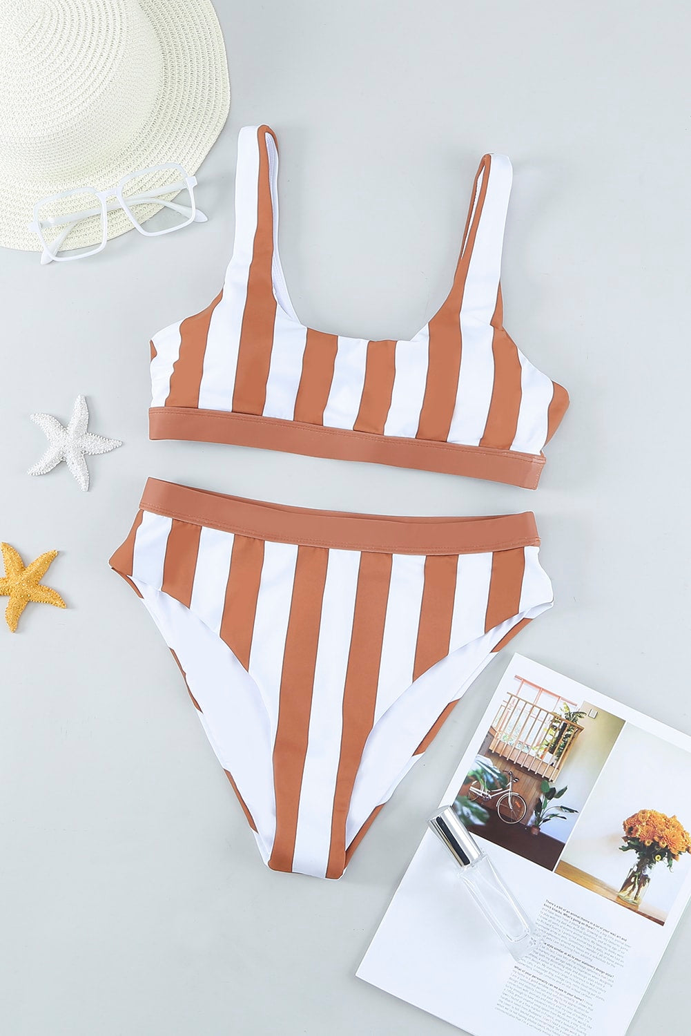 Brown Athletic Striped Tank High Waisted Swimsuit
