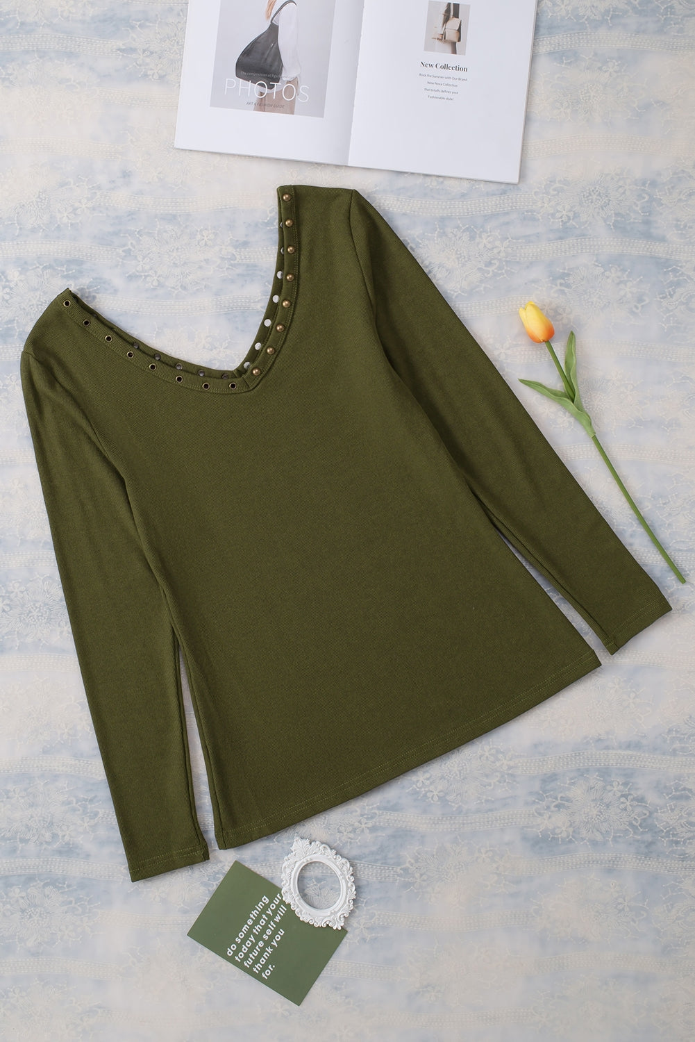 Green Studded Eyelet Neckline Ribbed Knit Long Sleeve Top