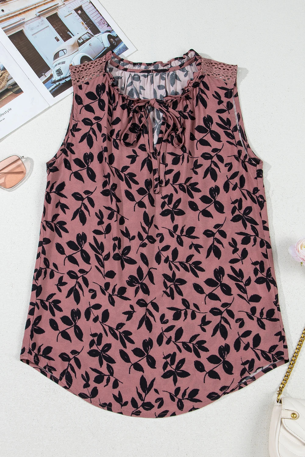 Brown Leaf Print Lace-up V Neck Crinkled Tank Top