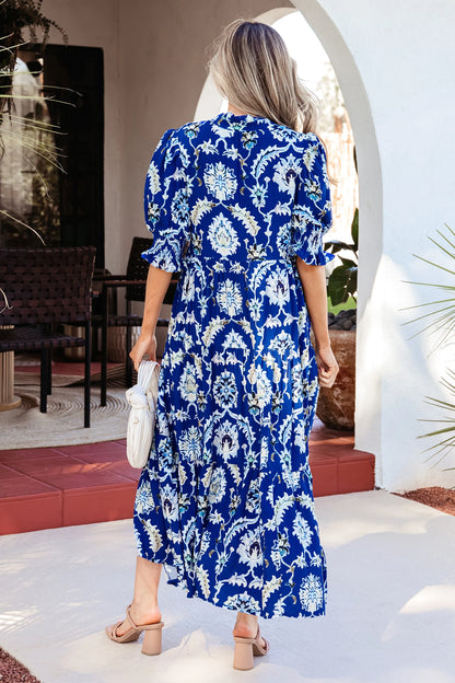 Blue Wild Floral Print Frilled Collar Half Sleeve Long Dress