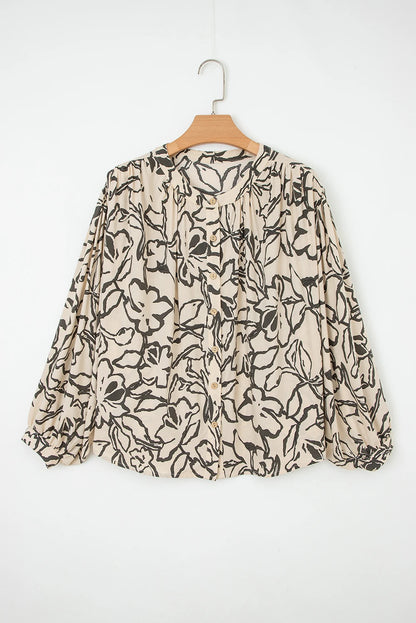 Gray Morn Floral Print Batwing Sleeve Buttoned Loose Fit Shirt