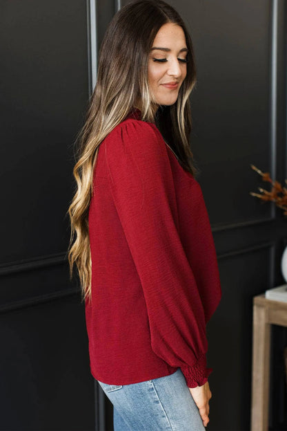 Burgundy Notched Neck Shirred Cuff Long Sleeve Blouse