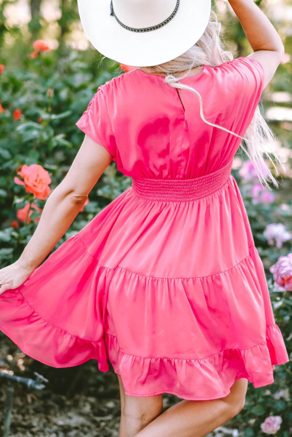 Strawberry Pink Ruched Sleeve V Neck Smock Waist Tiered Ruffled Dress