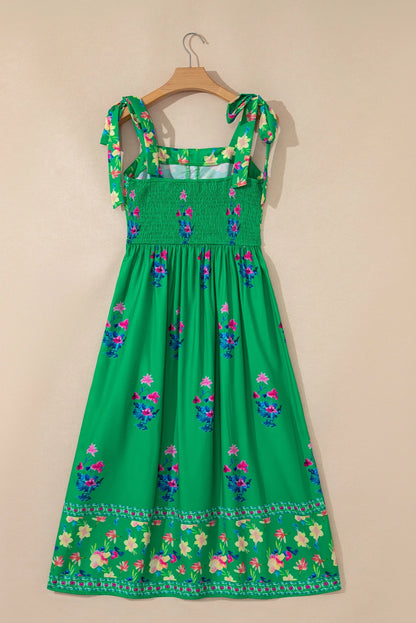Green Floral Print Contrast Trim Knotted Straps Midi Dress