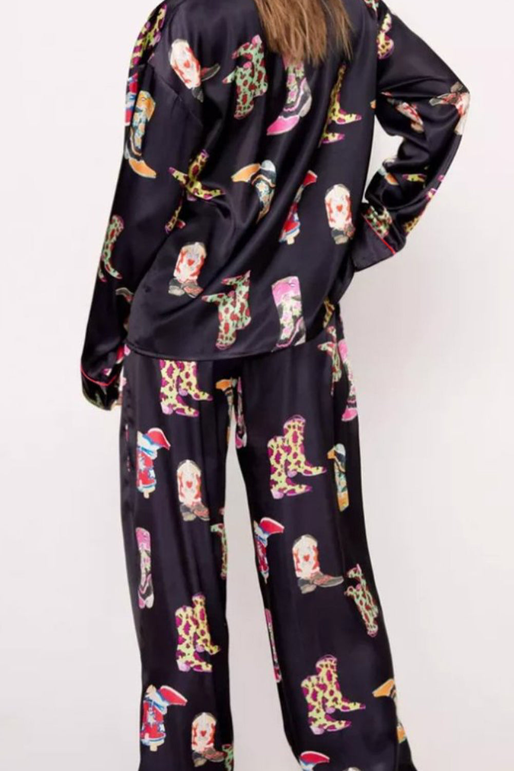 Black Western Cowgirl Boots Printed Satin Long Pajama Set