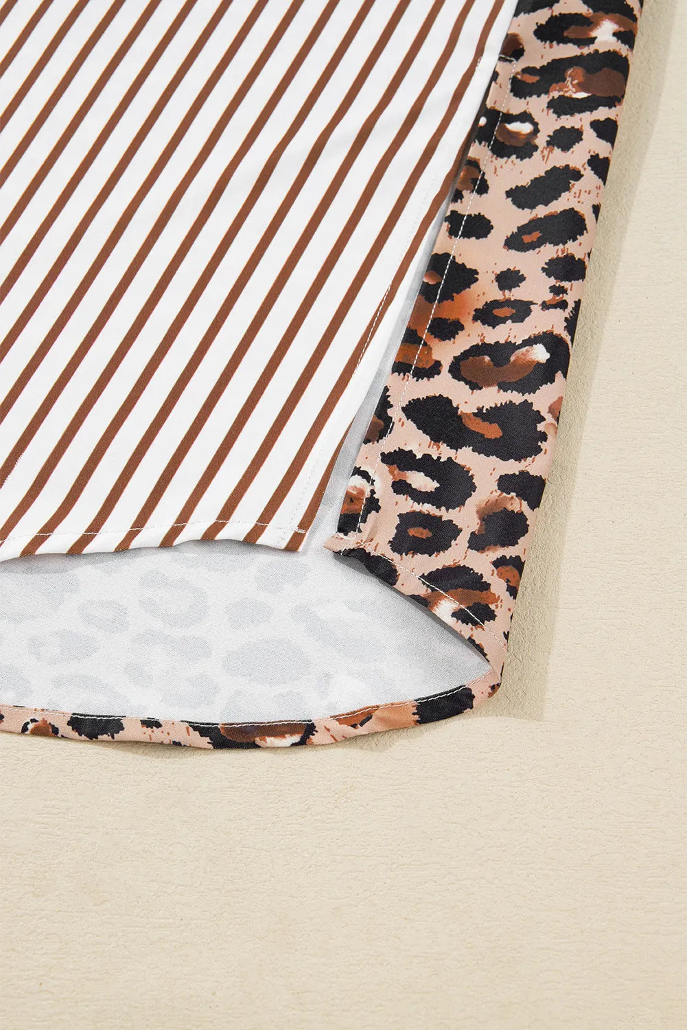 Brown Stripe Contrast Leopard Patchwork Long Shirt Dress with Slits