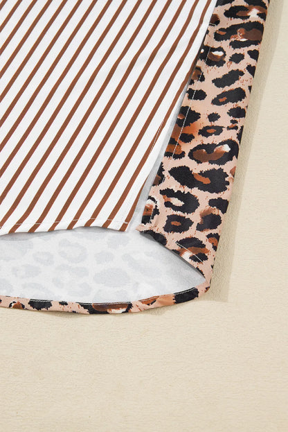 Brown Stripe Contrast Leopard Patchwork Long Shirt Dress with Slits