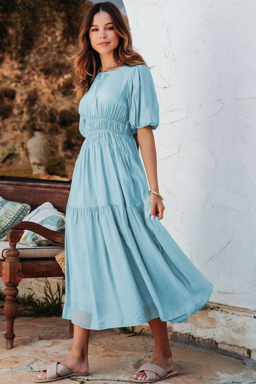 Light Blue Puff Sleeve Pleated High Waist Flowy Long Dress