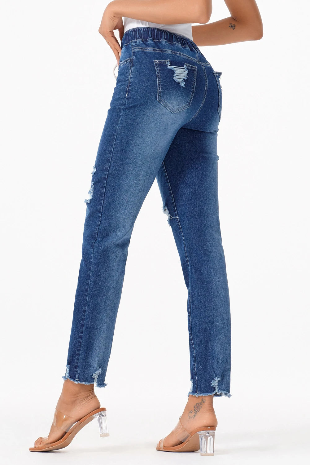 Dark Blue Elastic Waist Straight Leg Destroyed Raw Hem Jeans