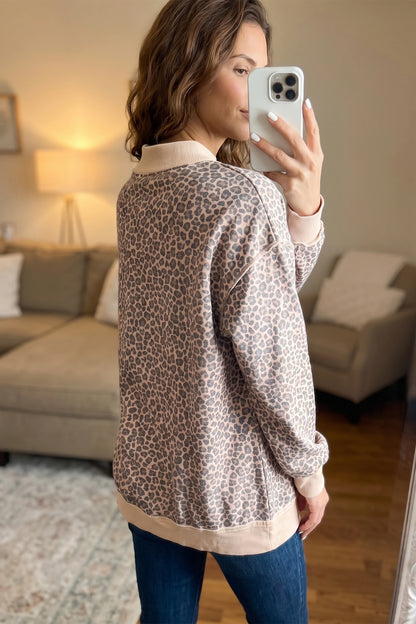 Leopard Print High Neck Long Sleeve Ribbed Cuffs Hem Sweatshirt