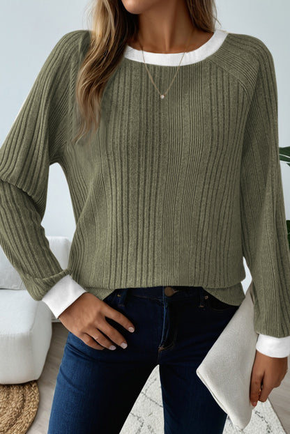 Ribbed Contrast Cuffed Round Neck Long Sleeve T Shirt