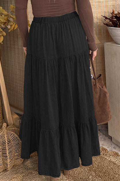 Elastic Waist Ruffled Tiered Flared Denim Maxi Skirt