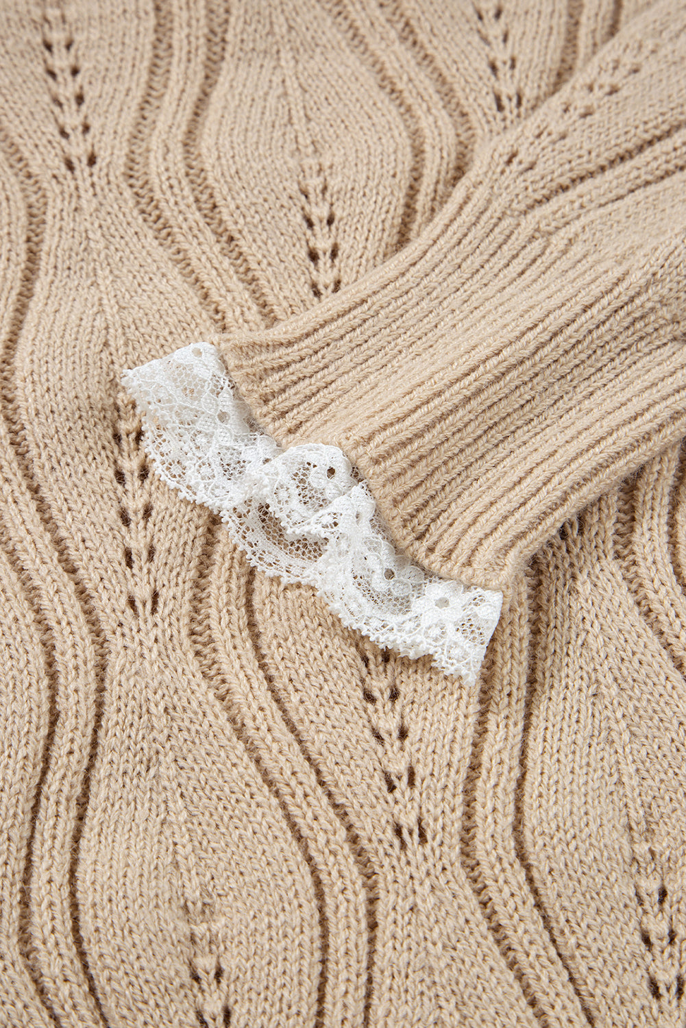Smoke Gray Pearl Beaded Pointelle Knit V Neck Lace Patchwork Sleeve Sweater