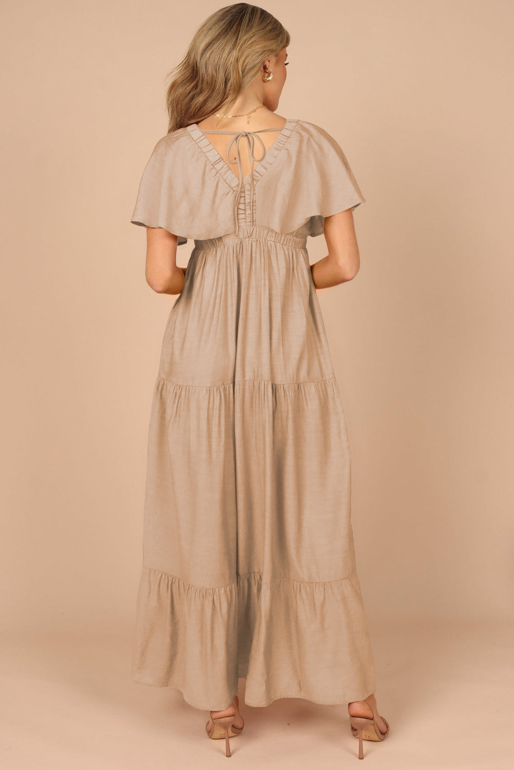 Textured V Neck Flutter Sleeve Ruffled Maxi Dress