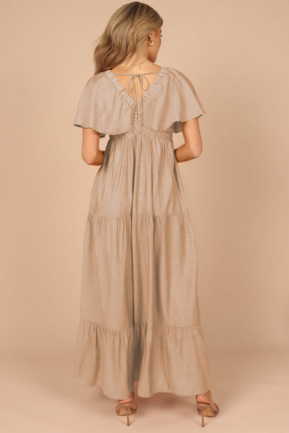Textured V Neck Flutter Sleeve Ruffled Maxi Dress