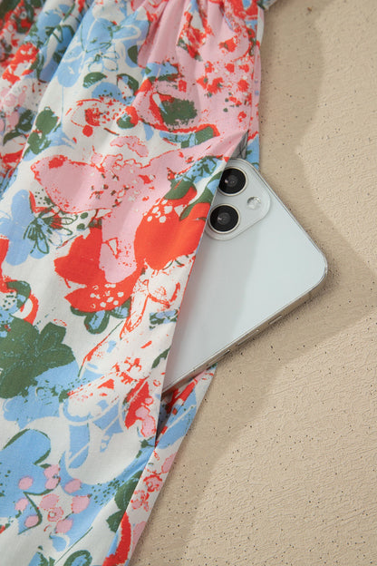 Apricot Floral Print V Neck Contrast Trim Flutter Sleeve Long Dress