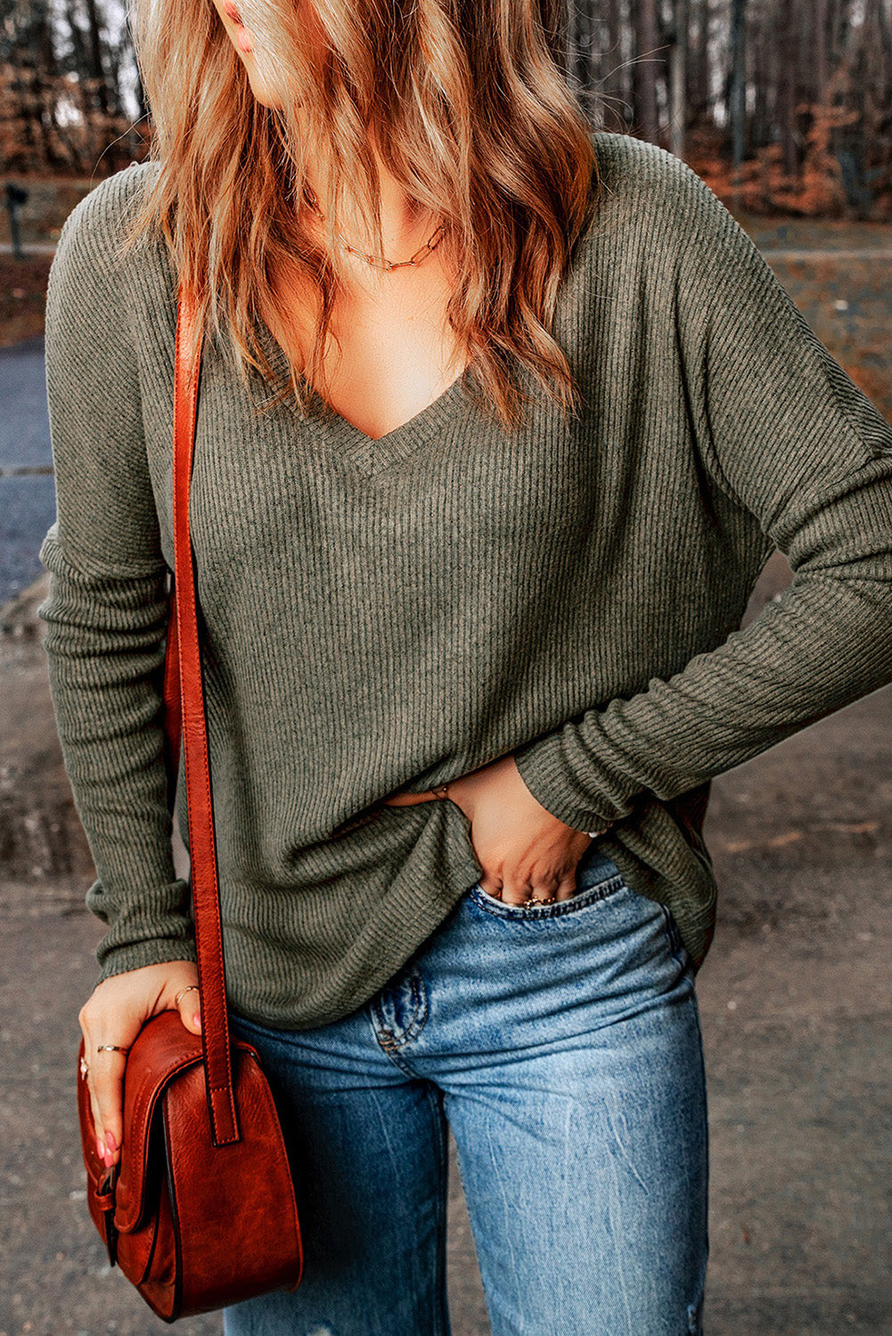 Green Loose Ribbed Knit V Neck Long Sleeve Top