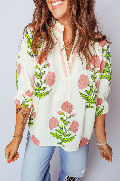 Casual Wild Flower Print V Neck 3/4 Sleeve Blouse