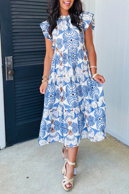 Sky Blue Tropical Botanic Print Flutter Sleeve Vacation Long Dress