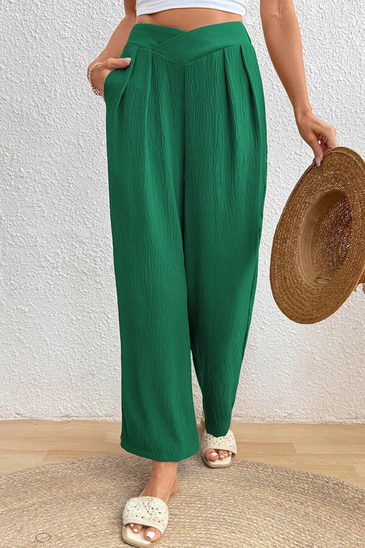 Evergreen Solid Color Textured Crossed Waist Loose Pants