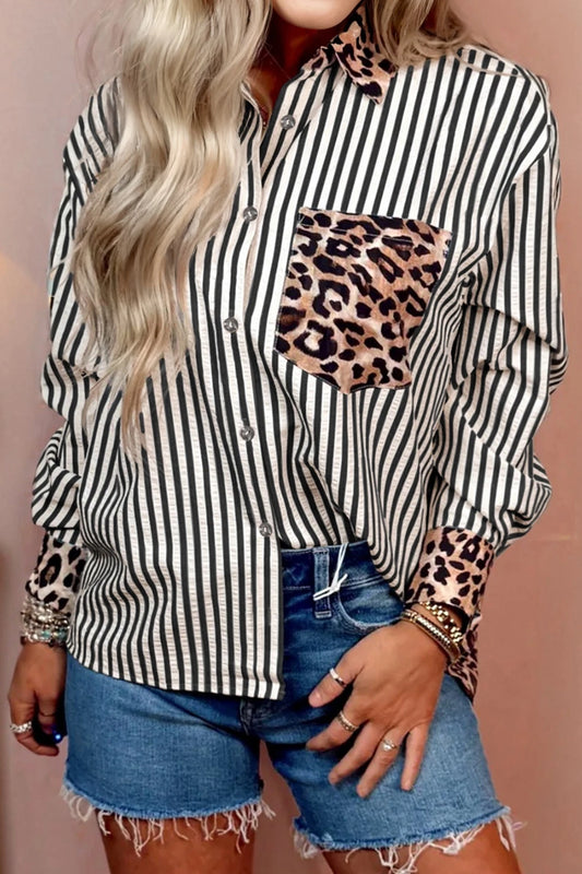 Black Striped Leopard Print Patchwork Button Up Women's Shirt