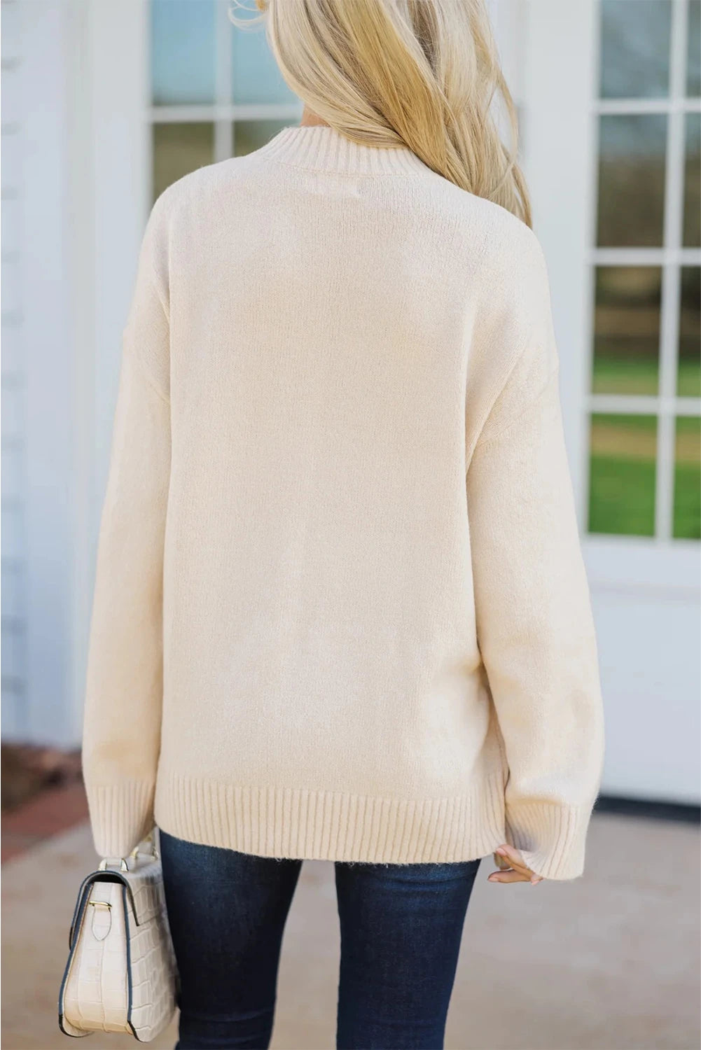 White Embroidered Flower Bouquet Ribbed Trim Loose Sweater