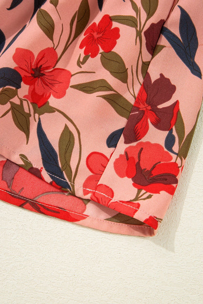 Red Floral Print Wrap V Neck Short Sleeve High Waistband Mini Dress