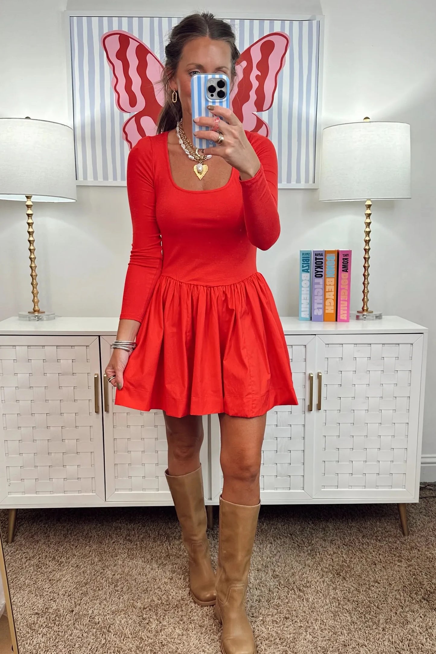 Fiery Red U Neck Long Sleeve Fit and Flare Short Dress