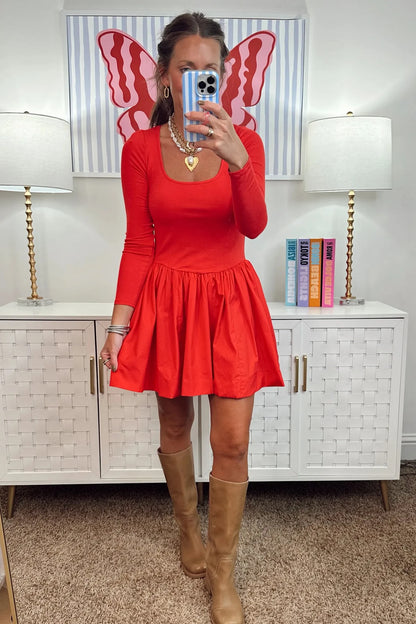 Fiery Red U Neck Long Sleeve Fit and Flare Short Dress