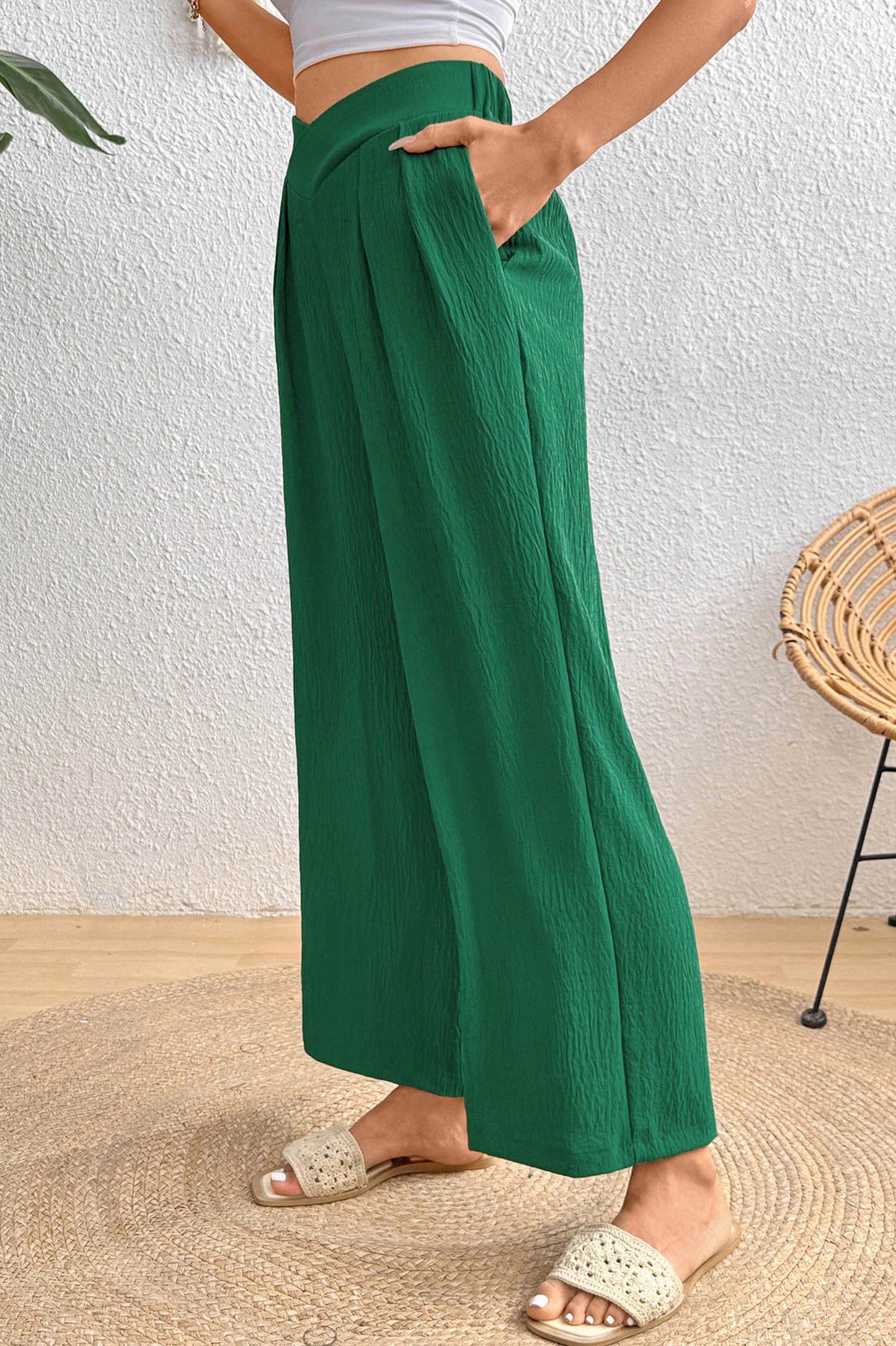 Evergreen Solid Color Textured Crossed Waist Loose Pants