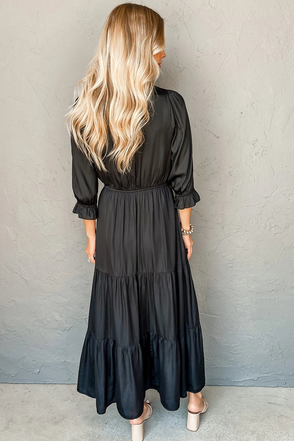 Black Flounced Bracelet Sleeve V Neck Tiered Maxi Dress