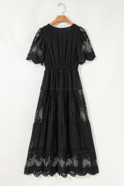 Black Dotty Lace Mesh Flowy Maxi Dress