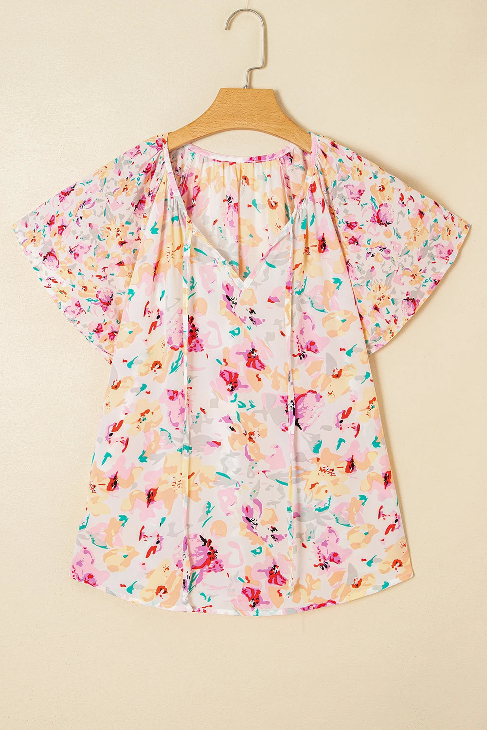 Pink V-neck Short Sleeve Fashion Print Fantasy Fluttering Blouse