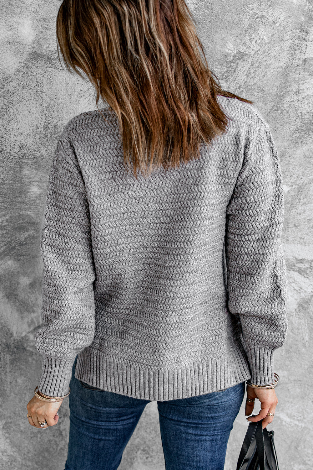 Gray Lace Scalloped V-Neck Side Split Loose Sweater