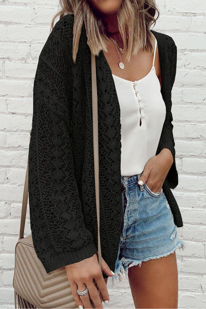 White Stylish Hollow Out Knit Drop Shoulder Cardigan
