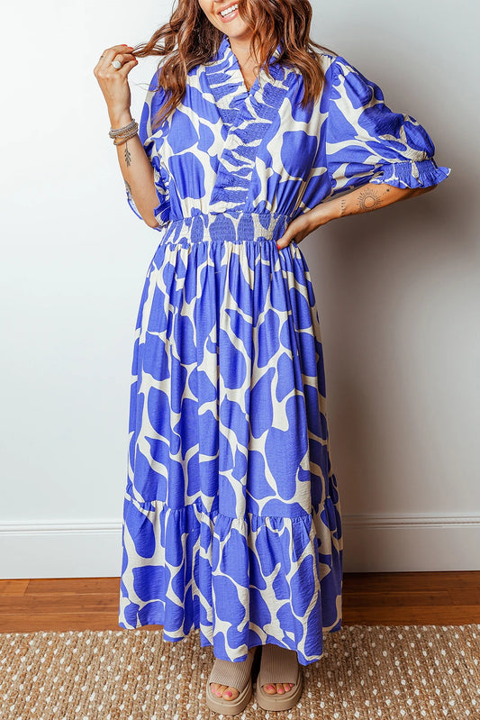 Sky Blue Abstract Print Smocked Waist Puff Half Sleeve Maxi Dress