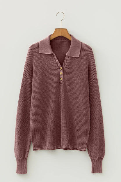 Dark Brown Mineral Washed Knit Button Polo Collar Loose Sweater