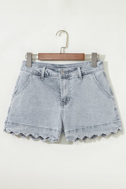 Scalloped Hemline Acid Wash High Waist Denim Shorts