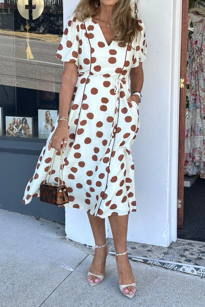 White Polka Dot Printed V Neck Short Sleeve Tie Waist Midi Dress
